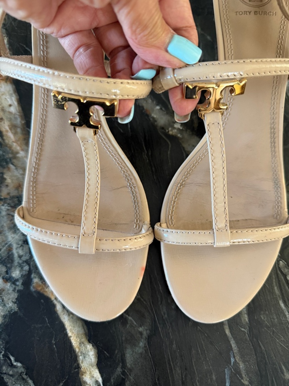 Tory Burch Nude Beige Leather T-Strap Sandals with Gold Logo